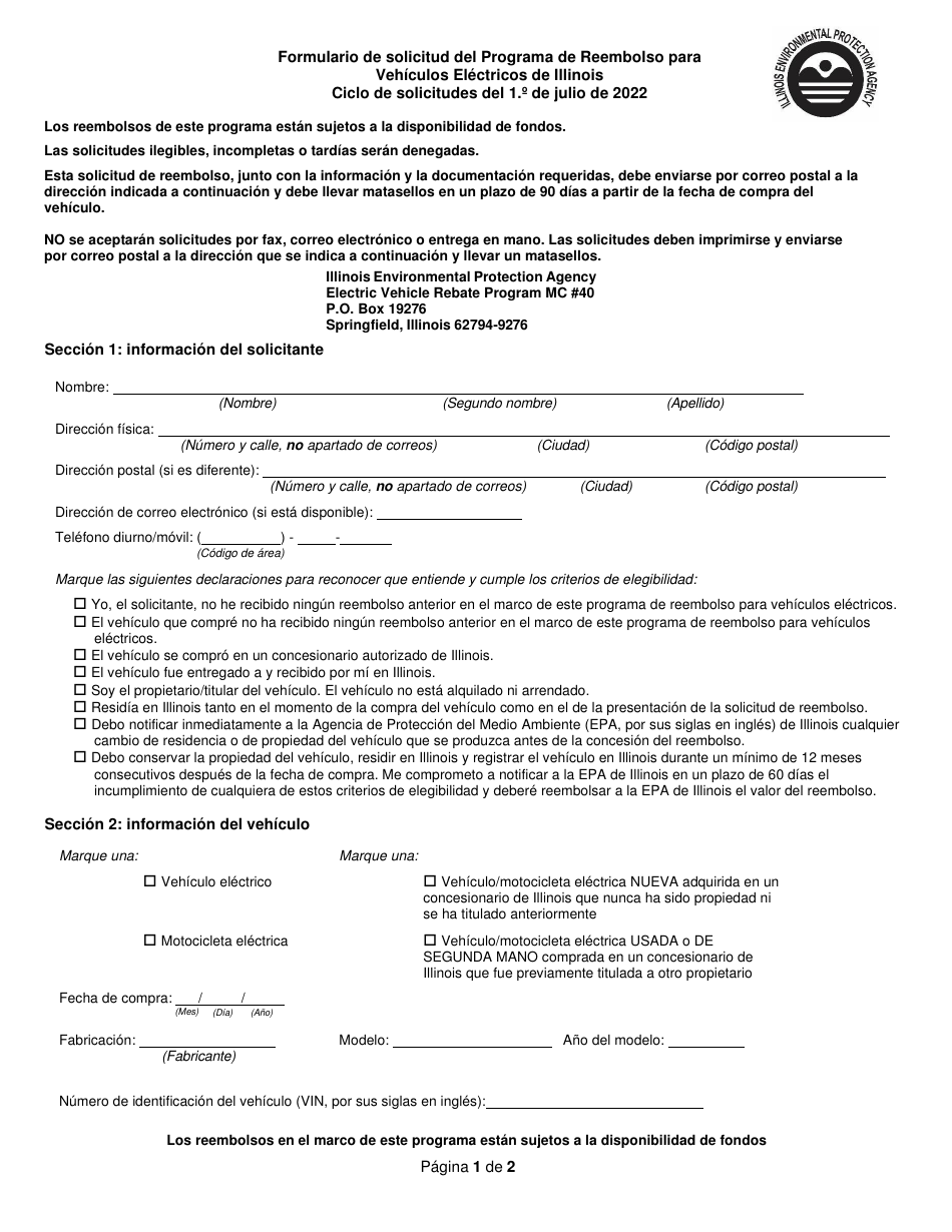 Formulario De Solicitud Del Programa De Reembolso Para Vehiculos Electricos De Illinois - Illinois (Spanish), Page 1