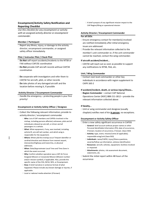 Encampment / Activity Safety Notification and Reporting Checklist Download Pdf