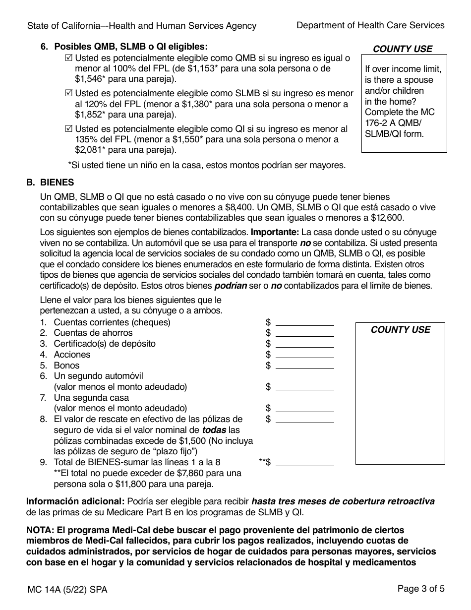 Formulario MC14A Qualified Medicare Beneficiary (Qmb), Specified Low-Income Medicare Beneficiary (Slmb), and Qualifying Individual (Qi) Application Solicitud De Beneficiario Calificado De Medicare (Qmb), Beneficiario De Medicare Con Ingreso Bajo Especificado (Slmb) E Individuos Calificados (Qi) - California (Spanish), Page 3
