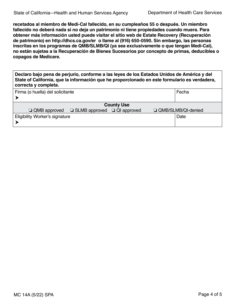 Formulario MC14A Qualified Medicare Beneficiary (Qmb), Specified Low-Income Medicare Beneficiary (Slmb), and Qualifying Individual (Qi) Application Solicitud De Beneficiario Calificado De Medicare (Qmb), Beneficiario De Medicare Con Ingreso Bajo Especificado (Slmb) E Individuos Calificados (Qi) - California (Spanish), Page 4