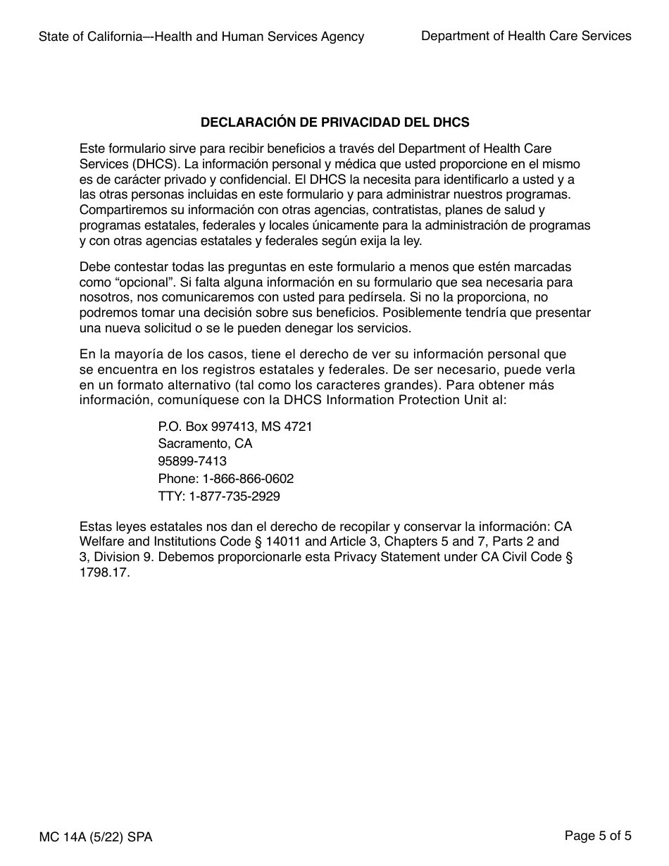 Formulario MC14A Qualified Medicare Beneficiary (Qmb), Specified Low-Income Medicare Beneficiary (Slmb), and Qualifying Individual (Qi) Application Solicitud De Beneficiario Calificado De Medicare (Qmb), Beneficiario De Medicare Con Ingreso Bajo Especificado (Slmb) E Individuos Calificados (Qi) - California (Spanish), Page 5