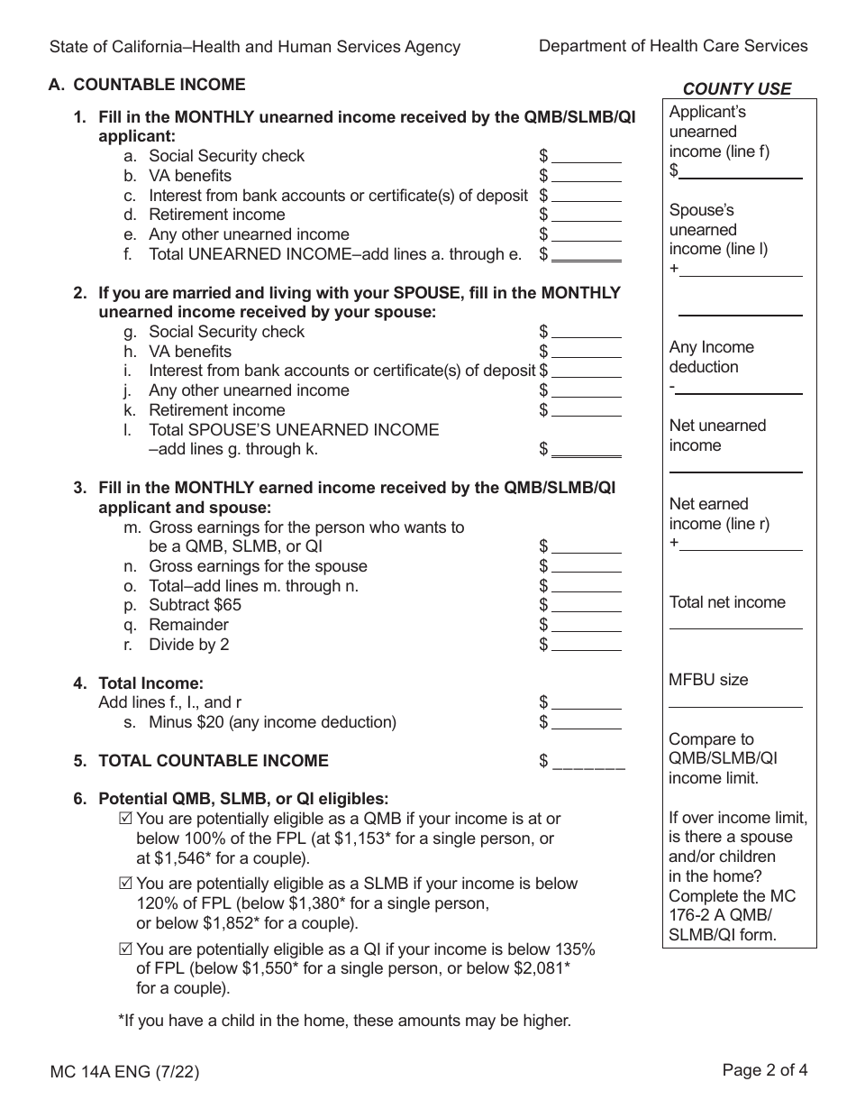 Form MC14A Qualified Medicare Beneficiary (Qmb), Specified Low-Income Medicare Beneficiary (Slmb), and Qualifying Individual (Qi) Application - California, Page 2