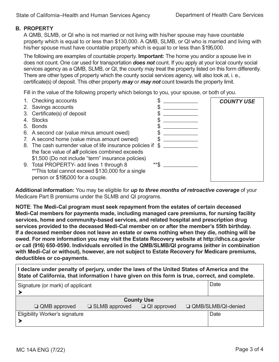 Form MC14A Qualified Medicare Beneficiary (Qmb), Specified Low-Income Medicare Beneficiary (Slmb), and Qualifying Individual (Qi) Application - California, Page 3
