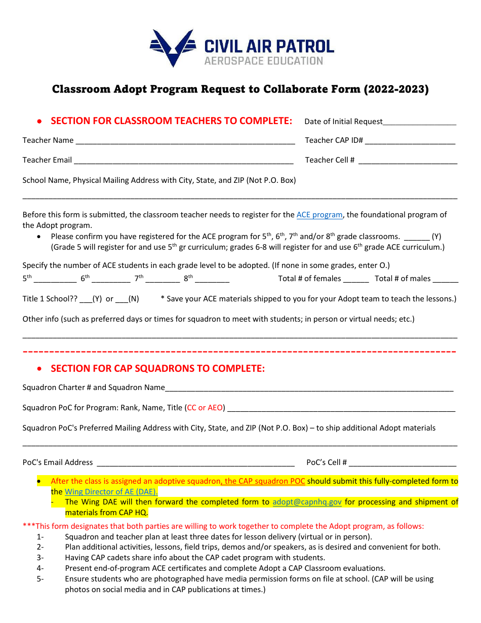 Classroom Adopt Program Request to Collaborate Form, Page 1