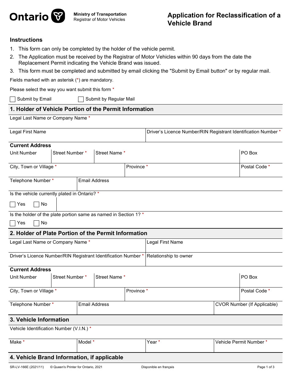 Form SR-LV-166E Application for Reclassification of a Vehicle Brand - Ontario, Canada, Page 1