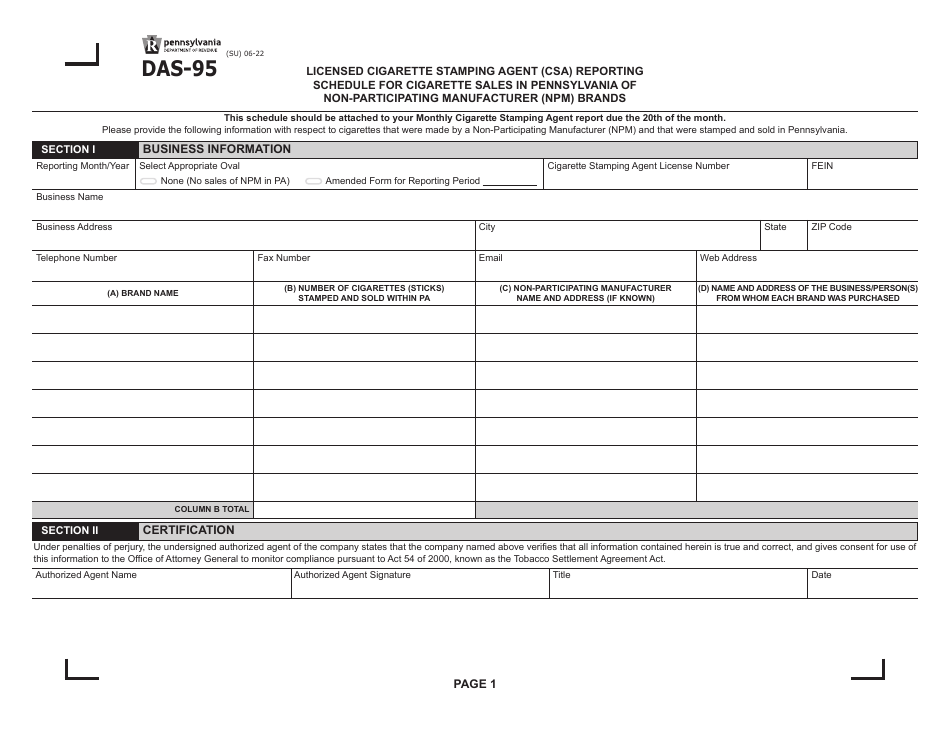 Form DAS-95 Licensed Cigarette Stamping Agent (Csa) Reporting Schedule for Cigarette Sales in Pennsylvania of Non-participating Manufacturer (Npm) Brands - Pennsylvania, Page 1