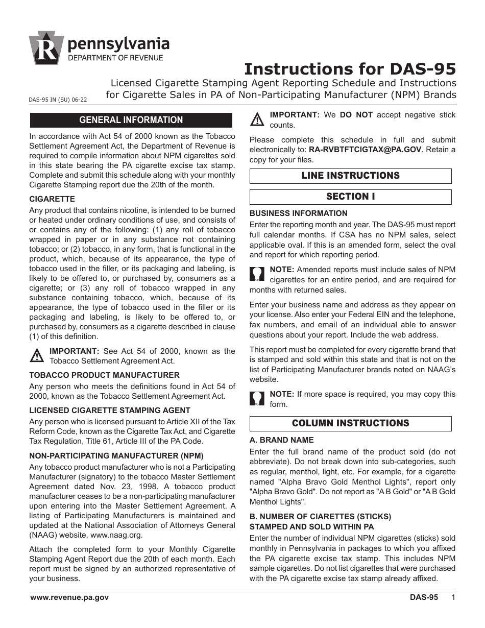 Form DAS-95 Licensed Cigarette Stamping Agent (Csa) Reporting Schedule for Cigarette Sales in Pennsylvania of Non-participating Manufacturer (Npm) Brands - Pennsylvania, Page 2
