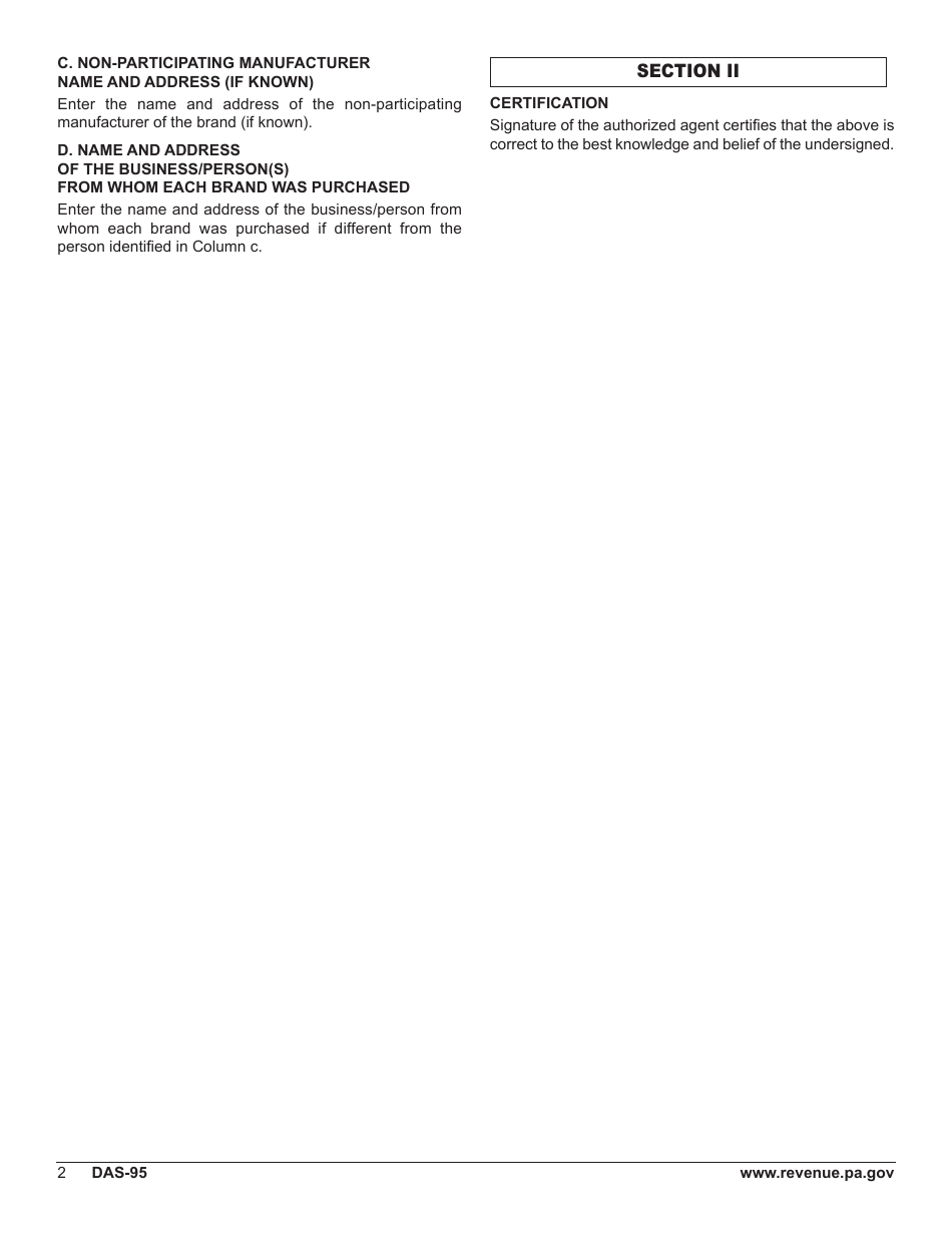 Form DAS-95 Licensed Cigarette Stamping Agent (Csa) Reporting Schedule for Cigarette Sales in Pennsylvania of Non-participating Manufacturer (Npm) Brands - Pennsylvania, Page 3