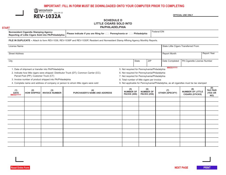 Form REV-1032A Schedule D Download Fillable PDF or Fill Online Little ...
