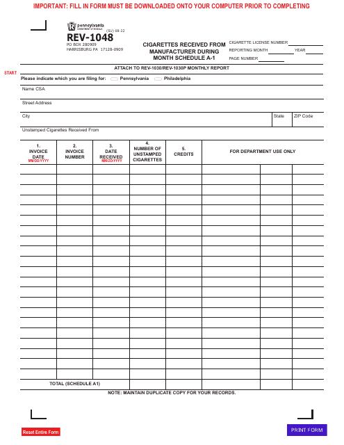 Form REV-1048 Schedule A-1 Cigarettes Received From Manufacturer During Month - Pennsylvania