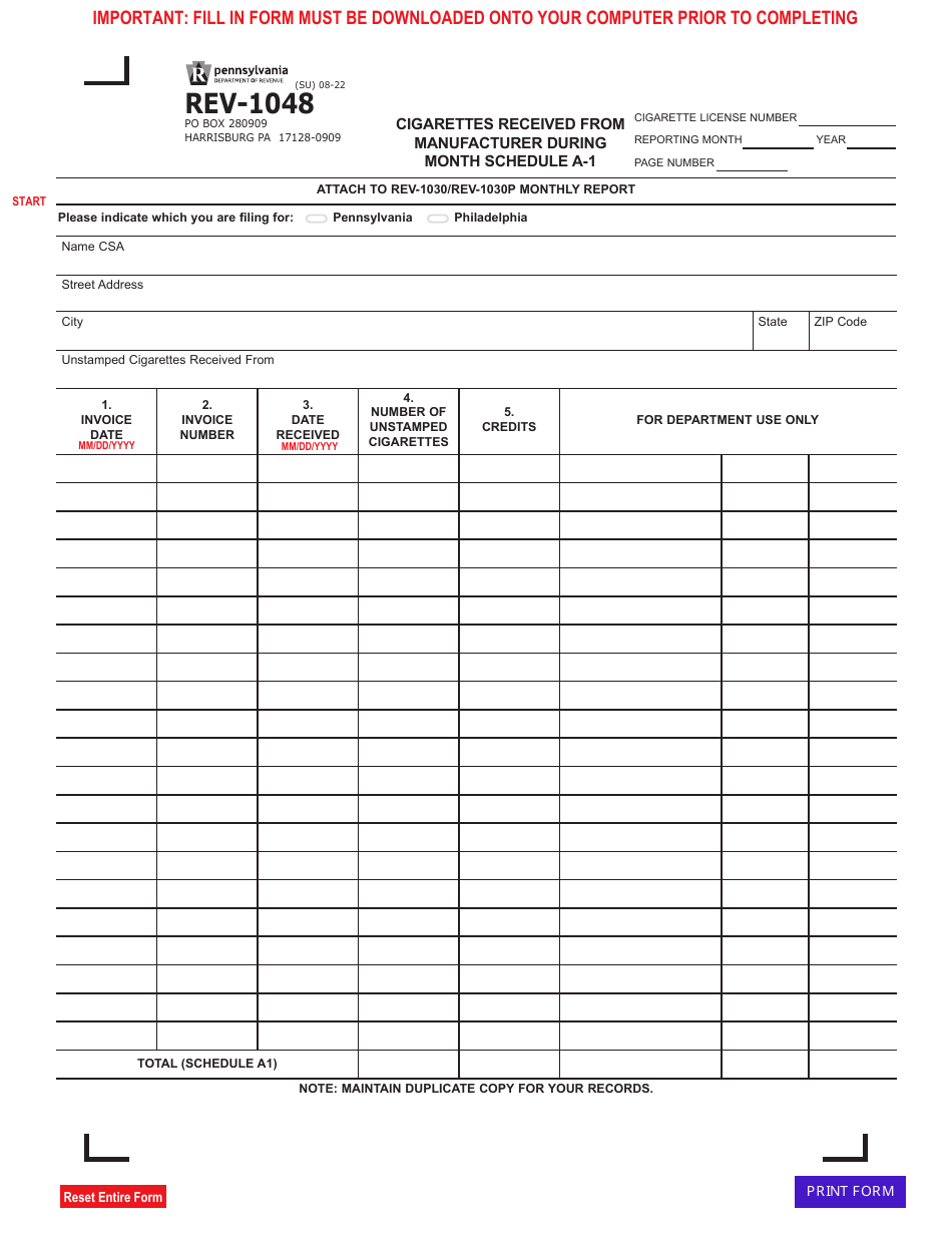 Form REV-1048 Schedule A-1 Cigarettes Received From Manufacturer During Month - Pennsylvania, Page 1