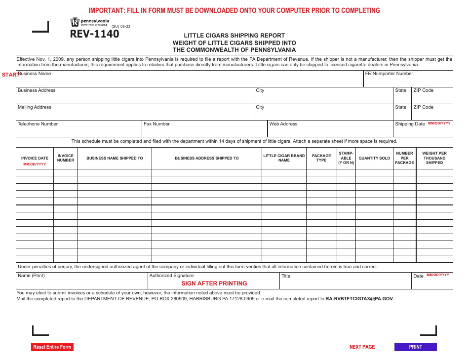 Form REV-1140 Little Cigars Shipping Report Weight of Little Cigars Shipped Into the Commonwealth of Pennsylvania - Pennsylvania, Page 1