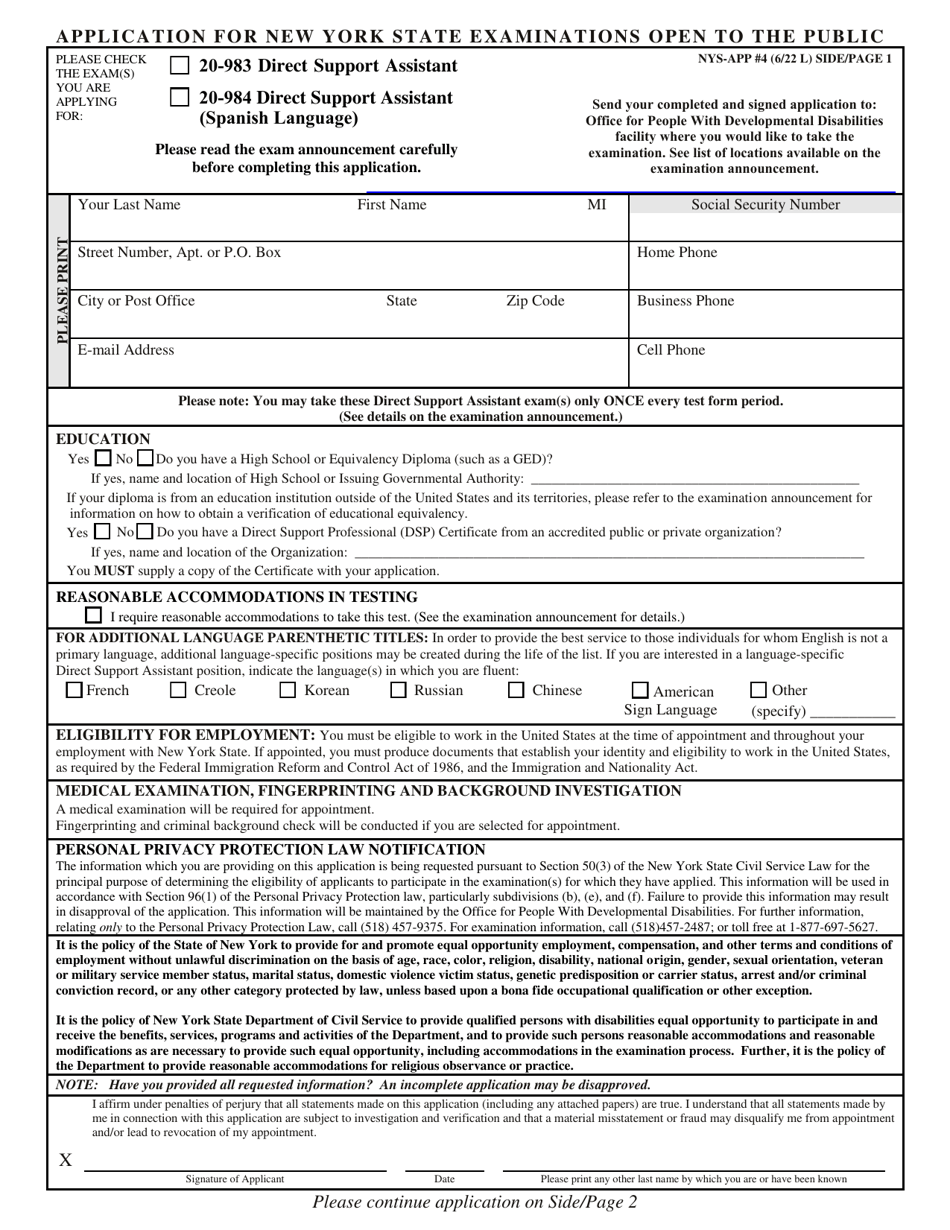 Form NYS-APP-4 Application for New York State Examinations Open to the Public - Direct Support Assistant - New York, Page 1