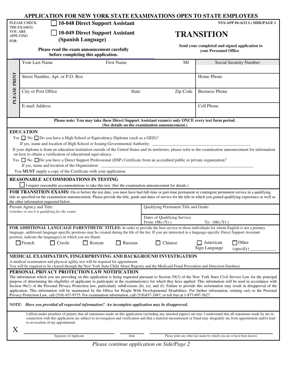 Form NYS-APP-4 Application for New York State Examinations Open to State Employees - Direct Support Assistant - New York, Page 1