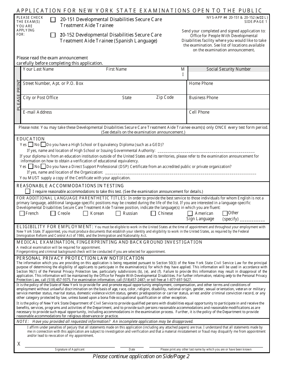 Form NYS-APP-20-151 (NYS-APP-20-152) Application for New York State Examinations Open to the Public - Developmental Disabilities Secure Care Treatment Aide Trainee - New York, Page 1