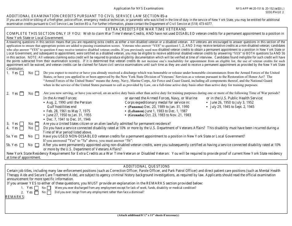 Form NYS-APP-20-151 (NYS-APP-20-152) Application for New York State Examinations Open to the Public - Developmental Disabilities Secure Care Treatment Aide Trainee - New York, Page 2