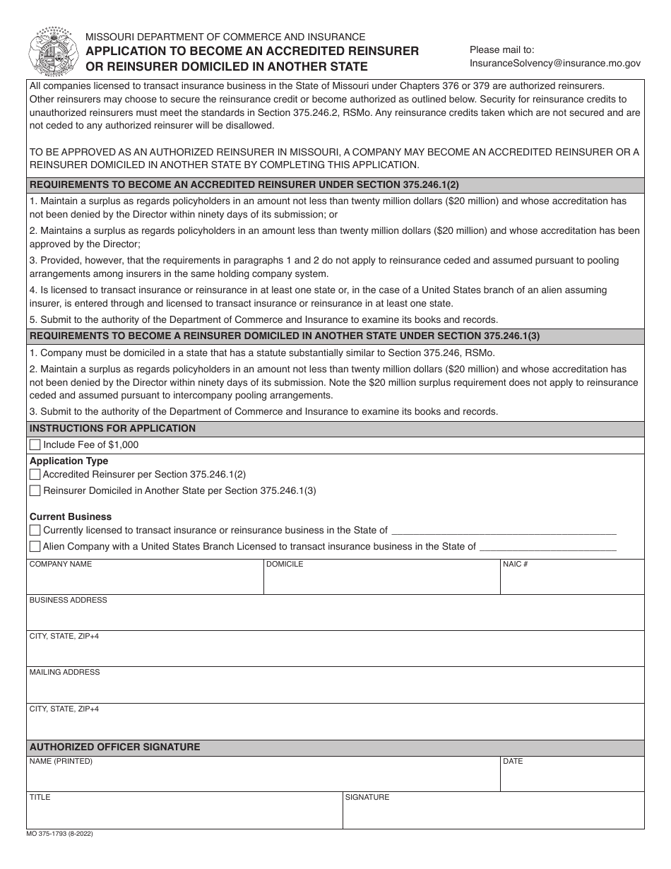 Form MO375-1793 Application to Become an Accredited Reinsurer or Reinsurer Domiciled in Another State - Missouri, Page 1