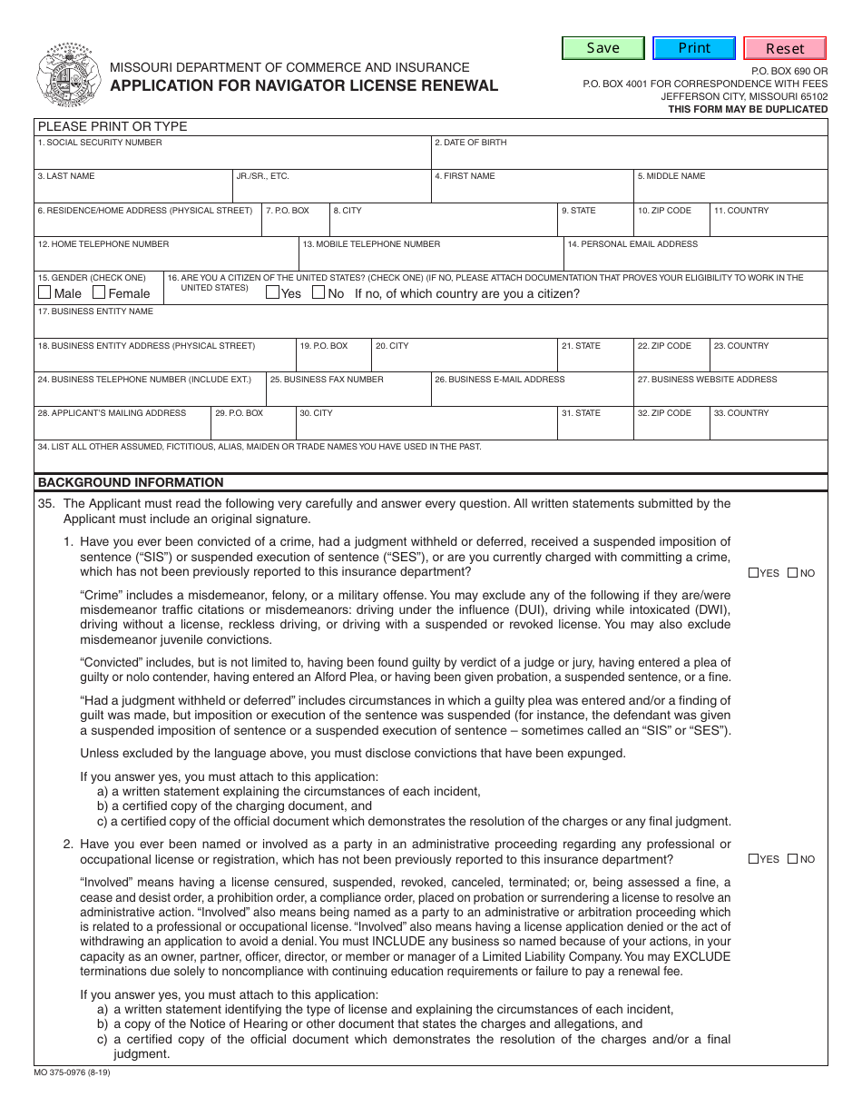 Form MO375-0976 Application for Navigator License Renewal - Missouri, Page 1