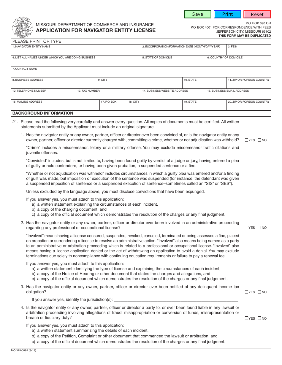 Form MO375-0895 Application for Navigator Entity License - Missouri, Page 1