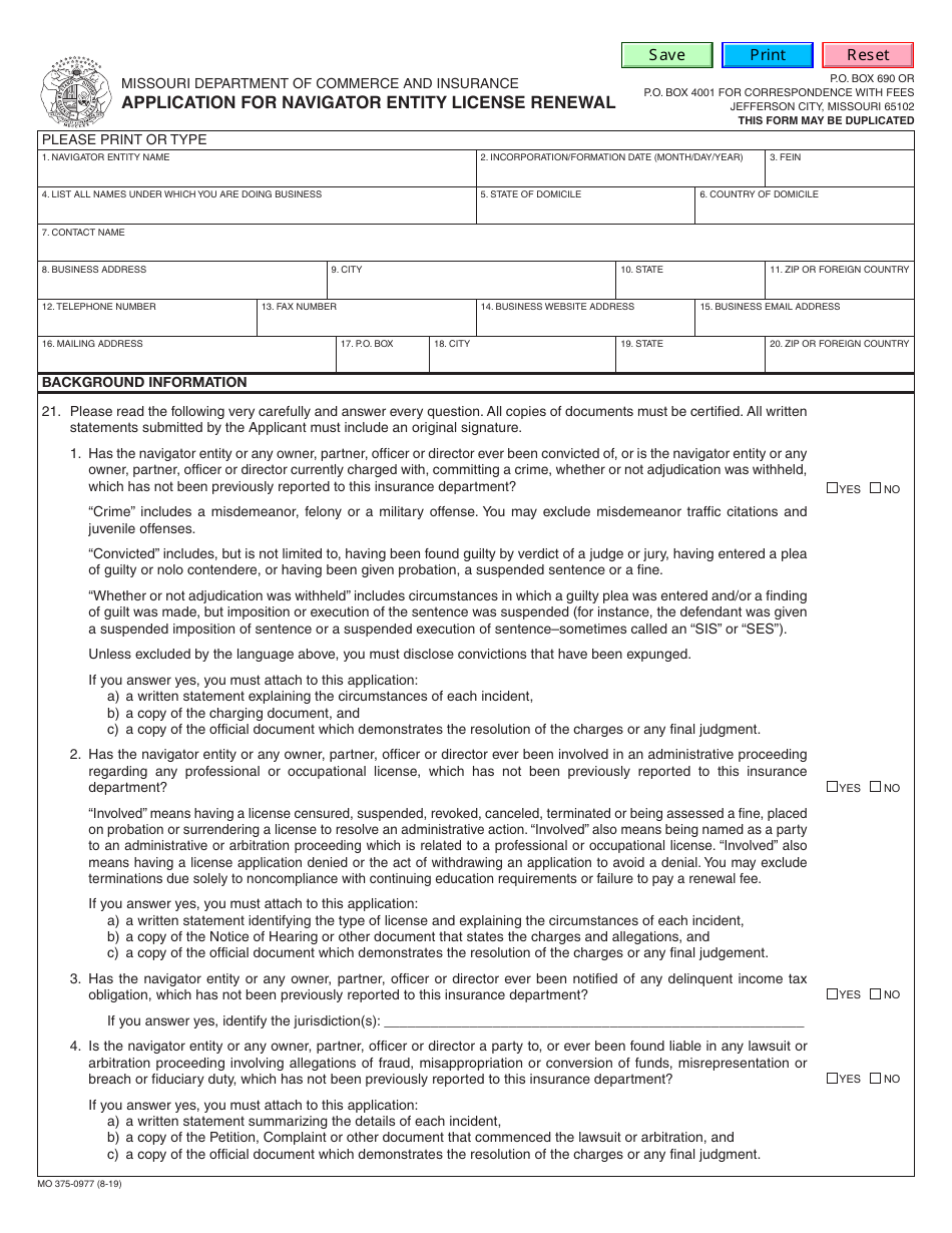 Form MO375-0977 Application for Navigator Entity License Renewal - Missouri, Page 1