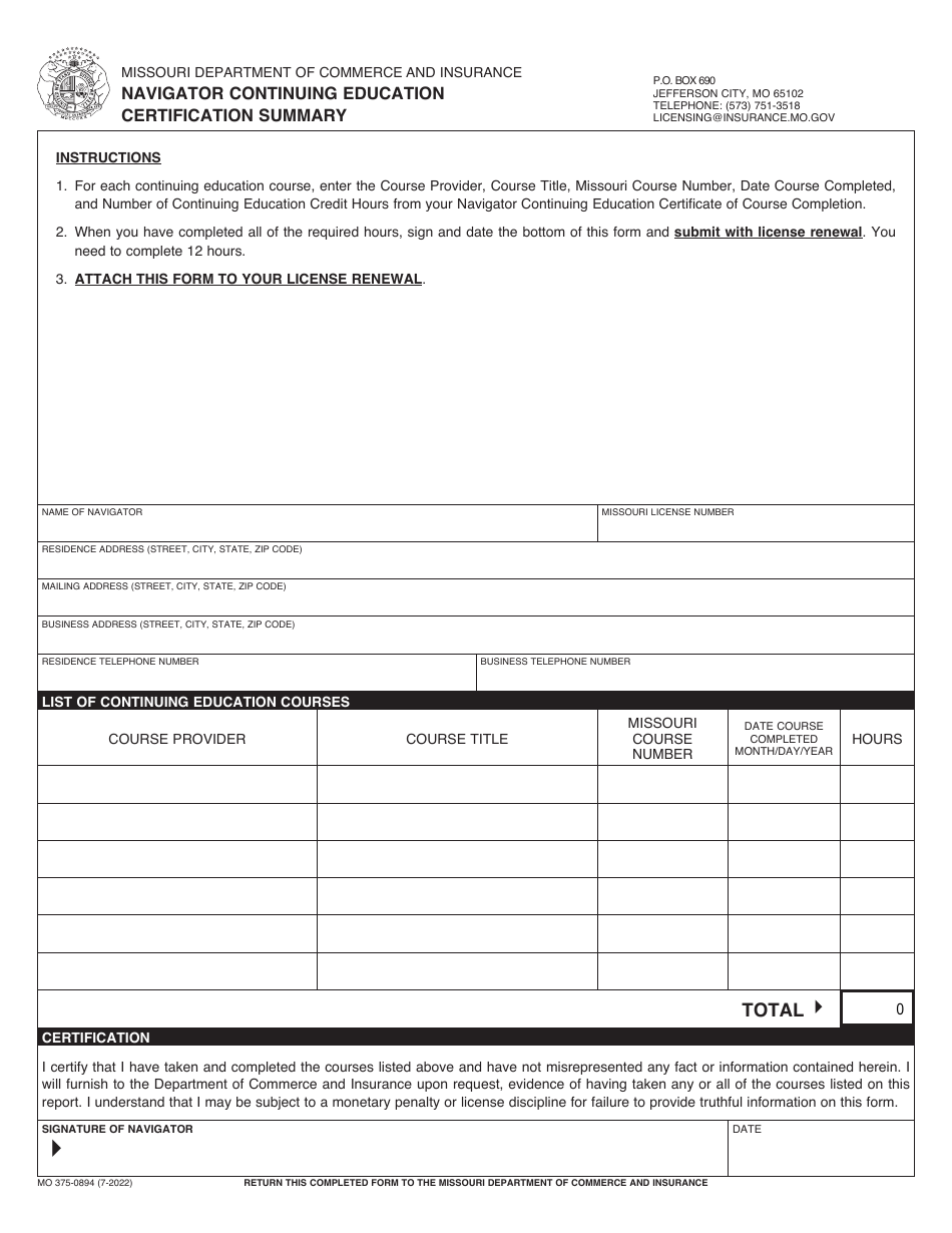 Form MO375-0894 Navigator Continuing Education Certification Summary - Missouri, Page 1