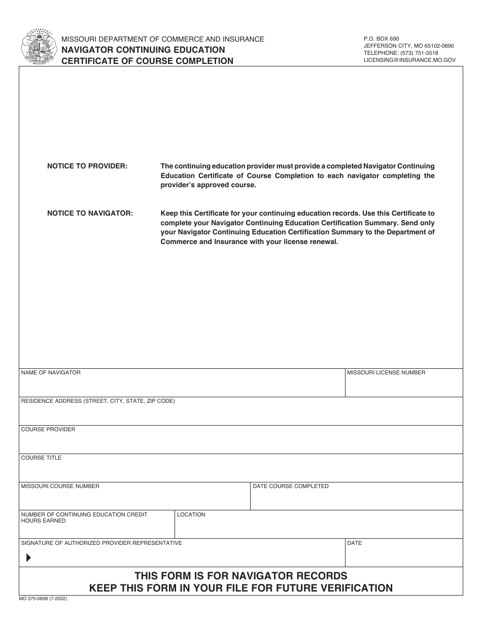Form MO375-0898 Navigator Continuing Education Certificate of Course Completion - Missouri, Page 1