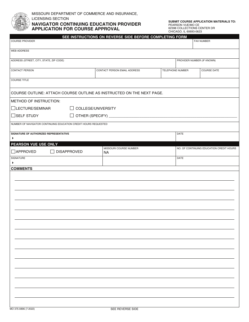 Form MO375-0896 Navigator Continuing Education Provider Application for Course Approval - Missouri, Page 1