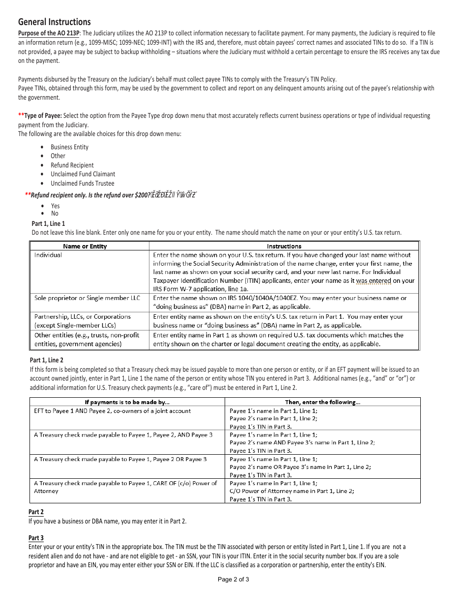 Form AO213P Request for Payee Information and Tin Certification, Page 2