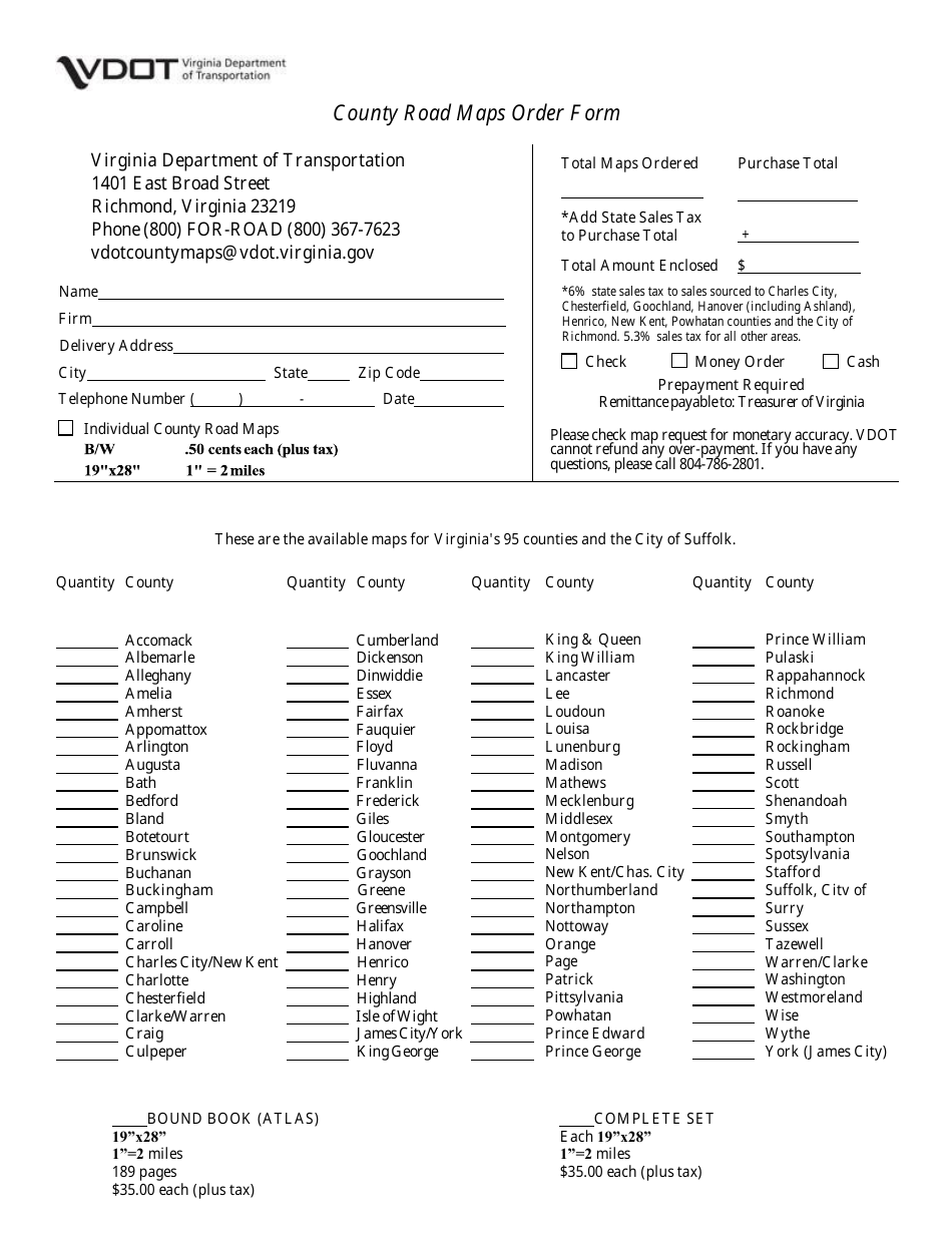 County Road Maps Order Form - Virginia, Page 1