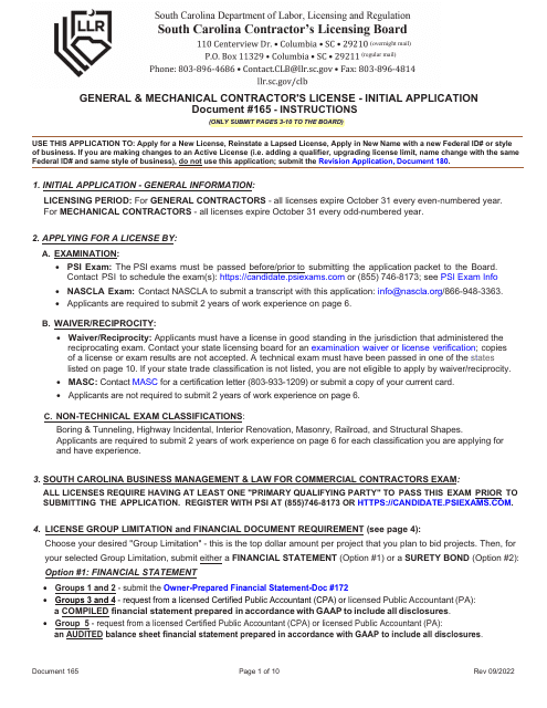 Form 165 Initial Application/Reinstatement Application - South Carolina