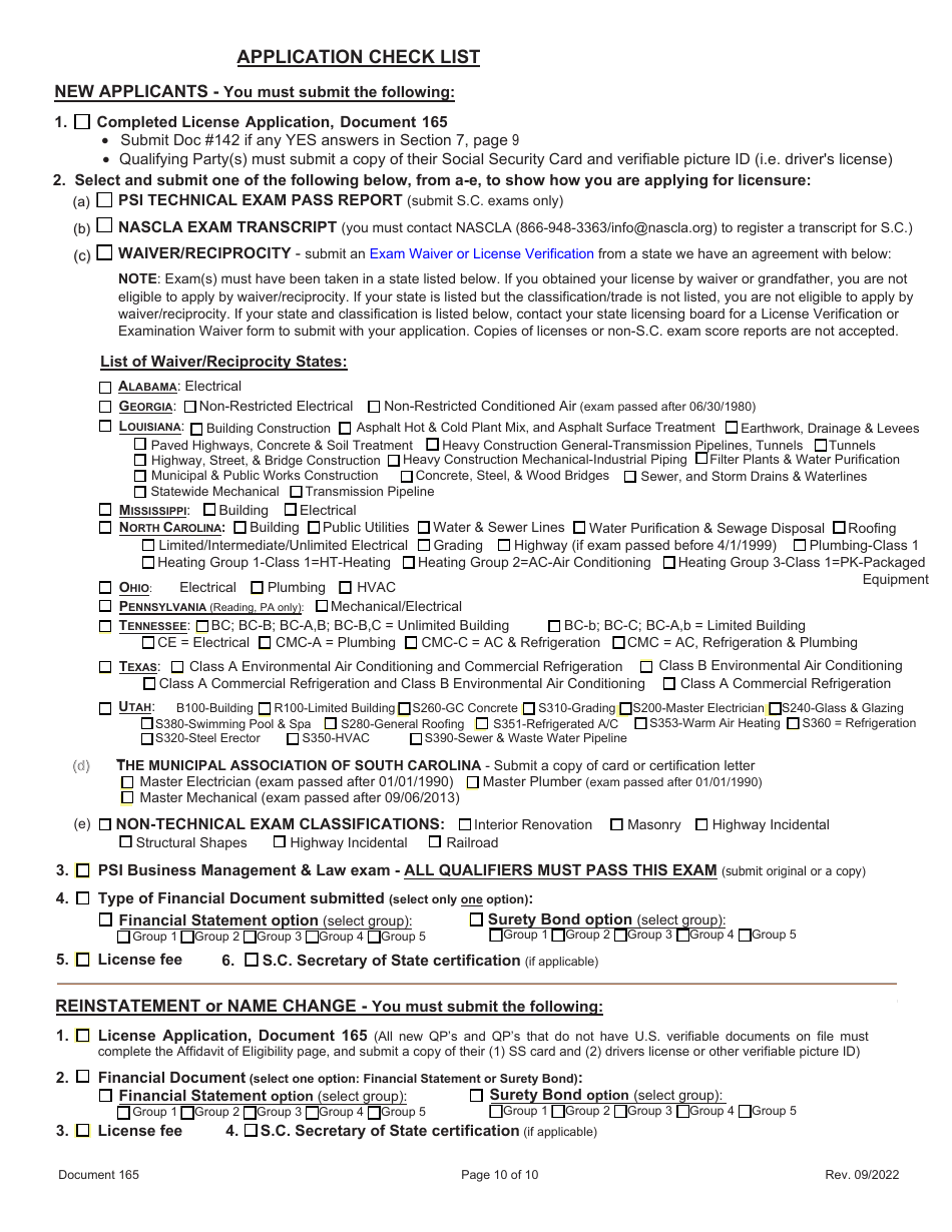 Form 165 Initial Application / Reinstatement Application - South Carolina, Page 10