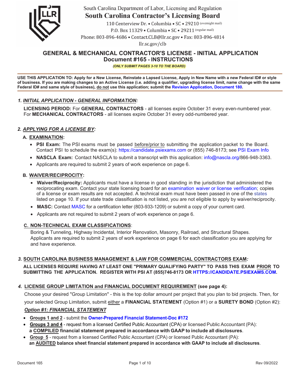 Form 165 Initial Application / Reinstatement Application - South Carolina, Page 1