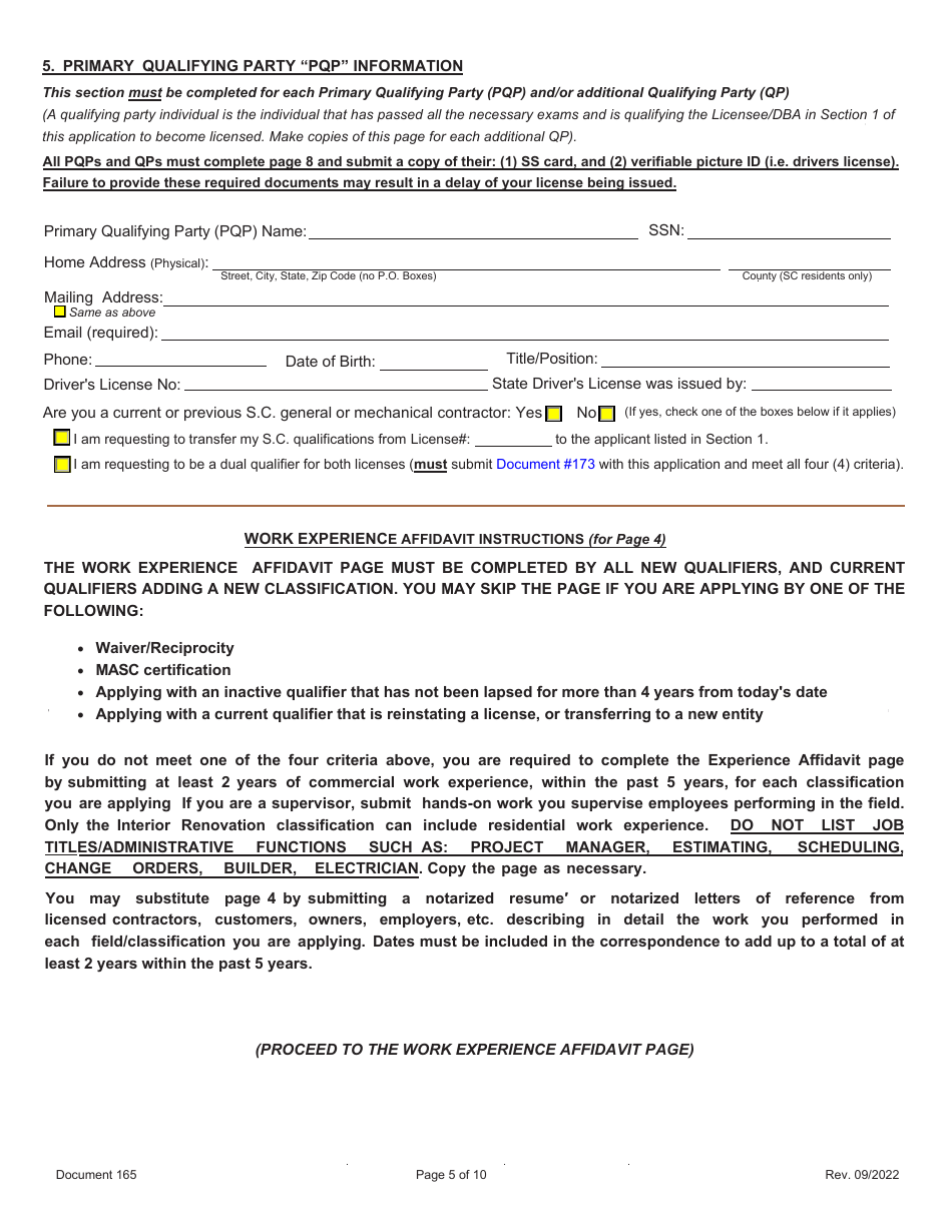Form 165 Initial Application / Reinstatement Application - South Carolina, Page 5
