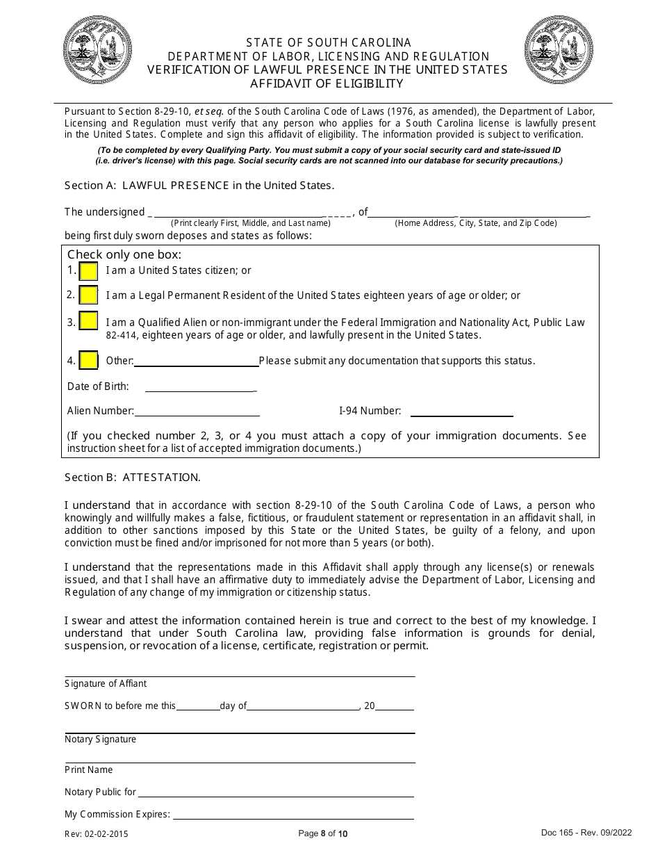 Form 165 Initial Application / Reinstatement Application - South Carolina, Page 8