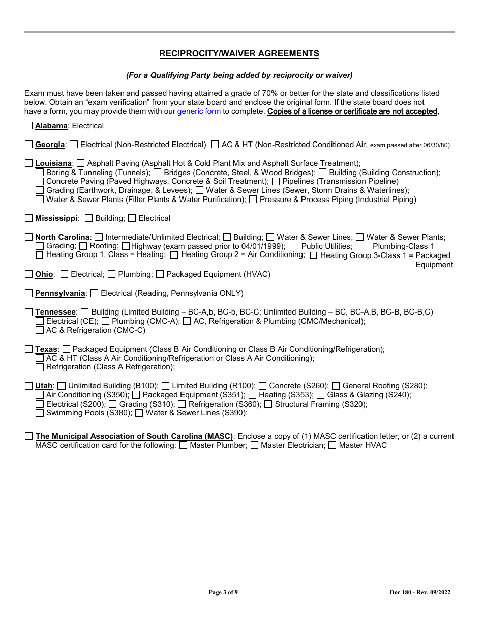 Form 180 Revision Application for General  Mechanical Contractors - South Carolina, Page 3