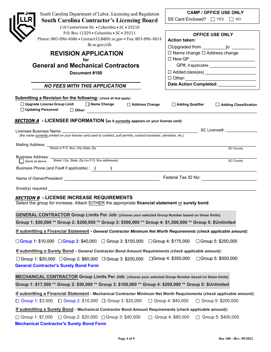 Form 180 Revision Application for General  Mechanical Contractors - South Carolina, Page 4