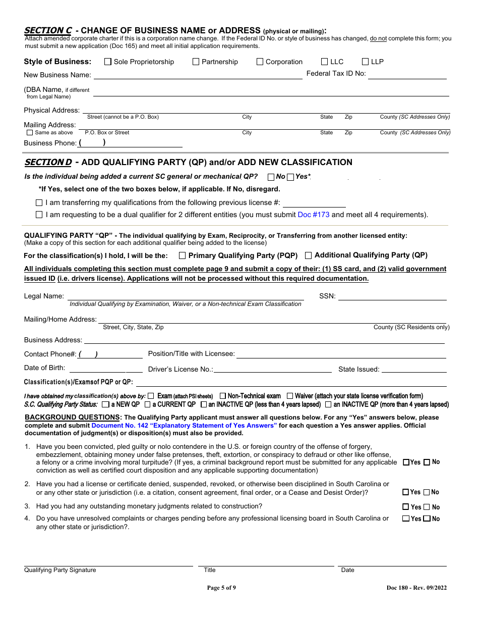 Form 180 Revision Application for General  Mechanical Contractors - South Carolina, Page 5
