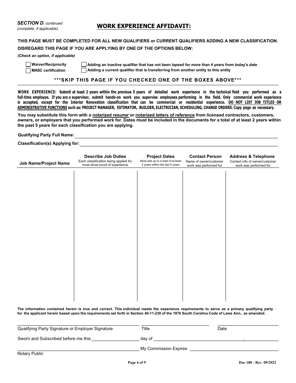 Form 180 Revision Application for General  Mechanical Contractors - South Carolina, Page 6