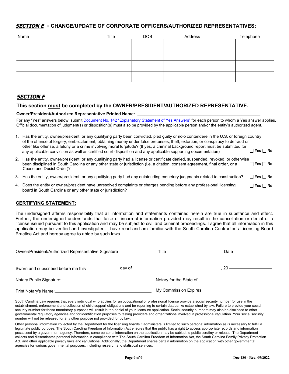 Form 180 Revision Application for General  Mechanical Contractors - South Carolina, Page 9