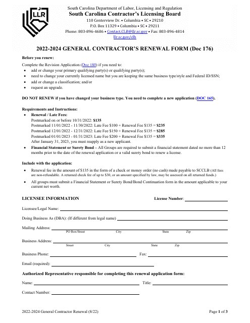Form 176 General Contractor&#039;s Renewal Form - South Carolina, 2024