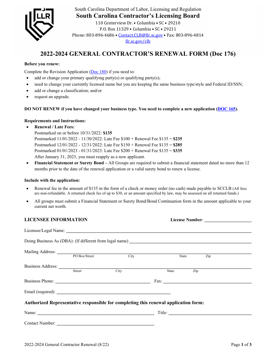 Form 176 General Contractors Renewal Form - South Carolina, Page 1
