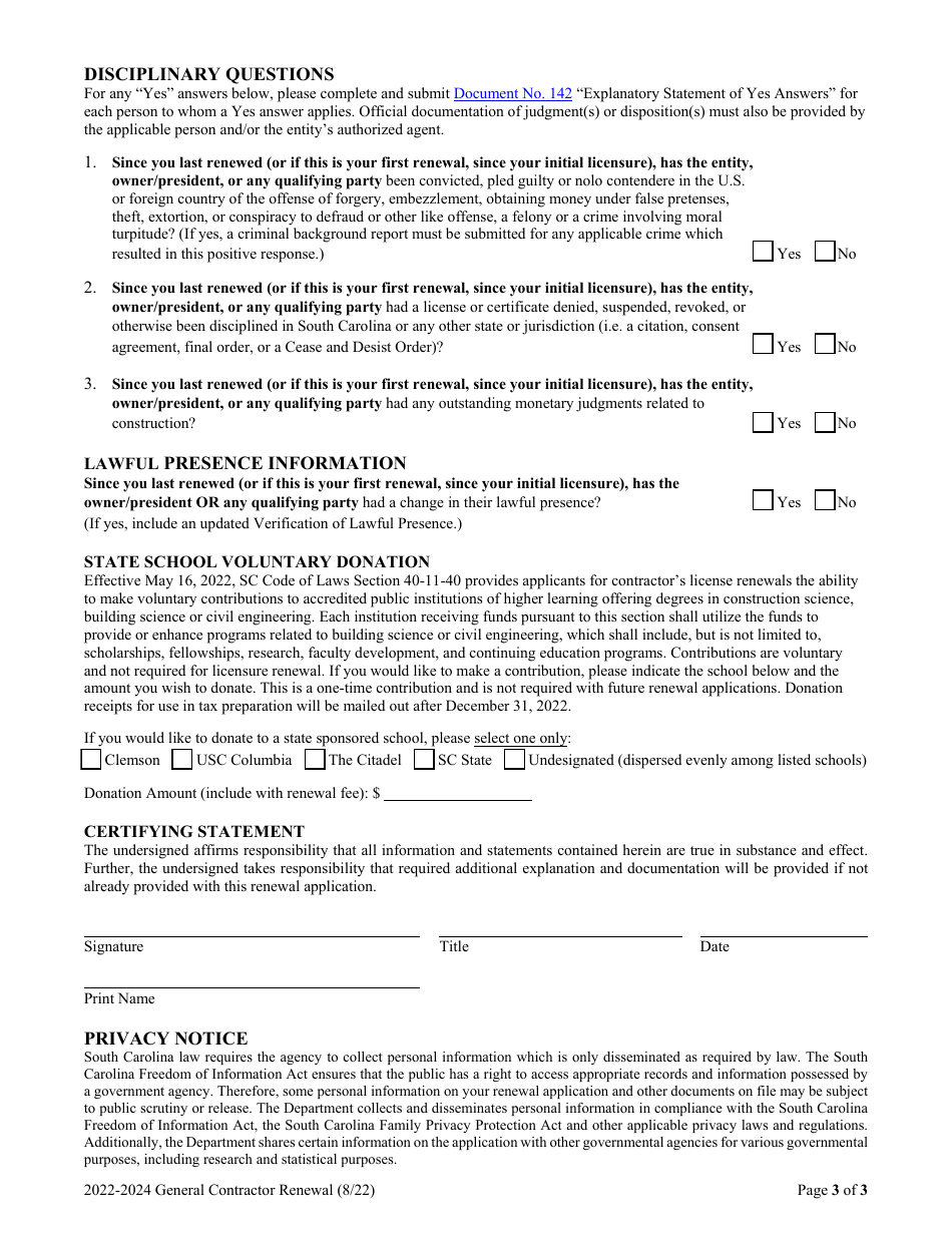 Form 176 General Contractors Renewal Form - South Carolina, Page 3