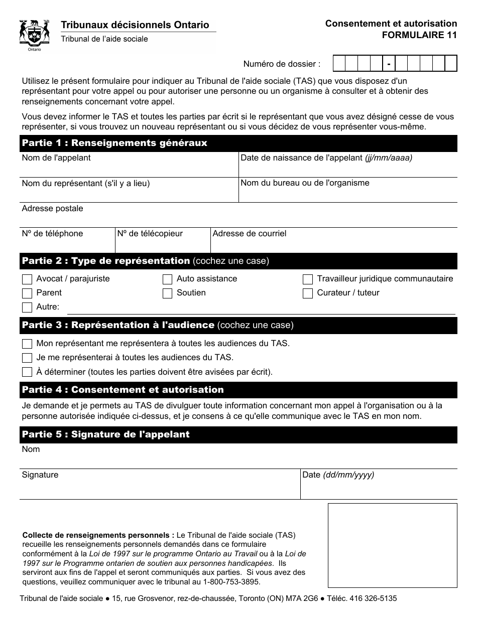 Forme 11 Consentement Et Autorisation - Ontario, Canada (French), Page 1