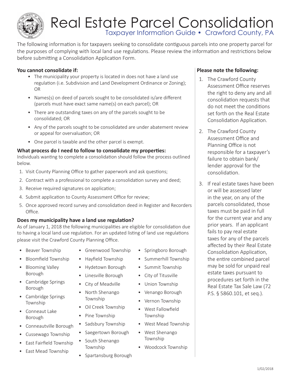 Real Estate Parcel Consolidation Application - Crawford County, Pennsylvania, Page 1