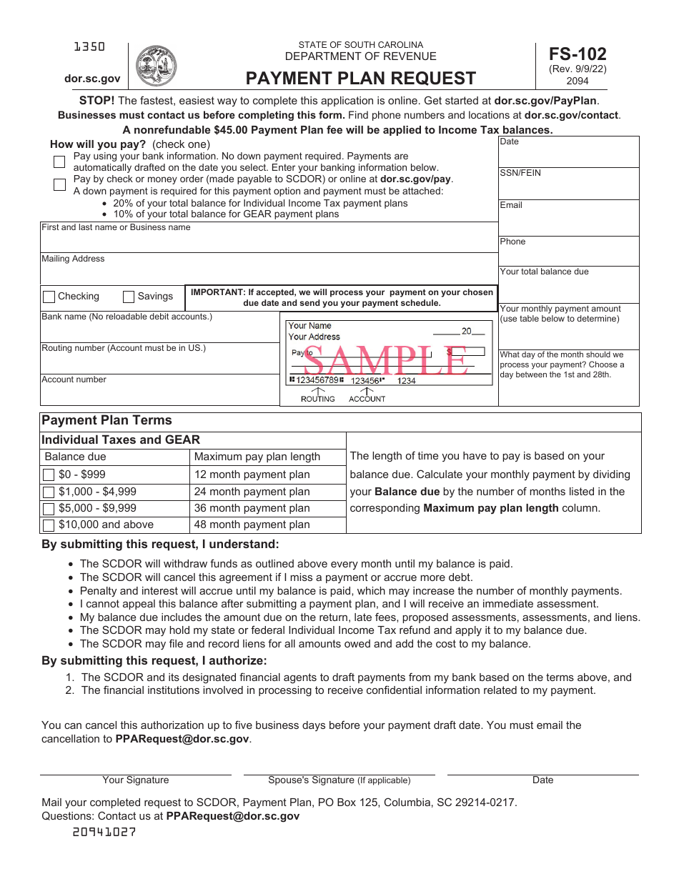 Form FS-102 Payment Plan Request - South Carolina, Page 1