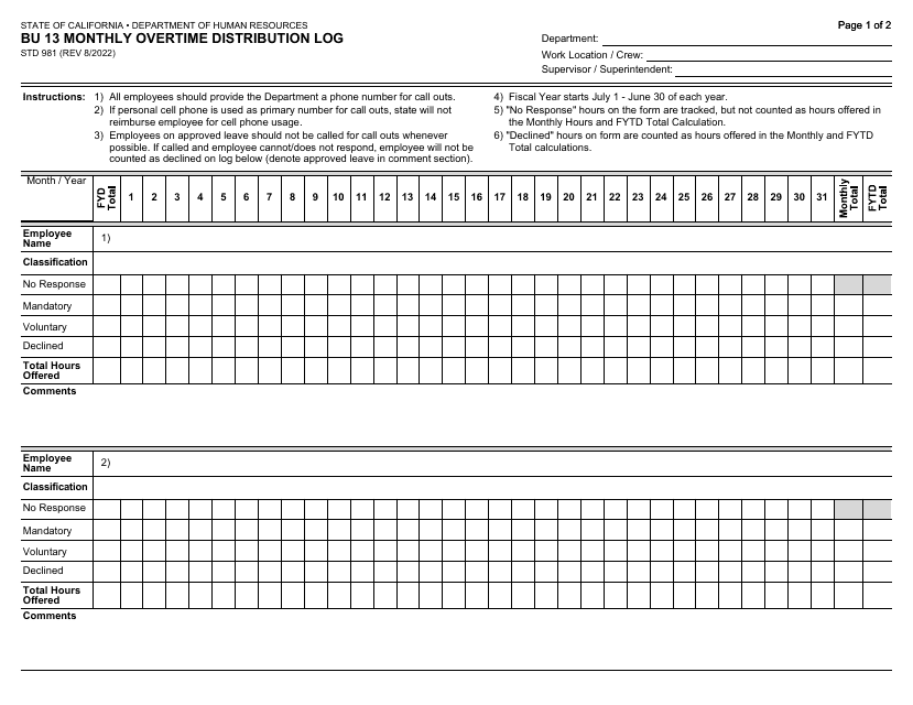 Form STD981 Bu 13 Monthly Overtime Distribution Log - California