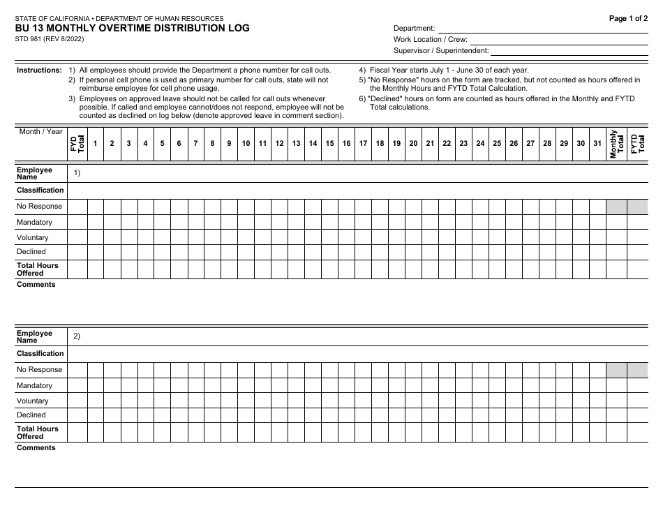 Form STD981 Bu 13 Monthly Overtime Distribution Log - California, Page 1