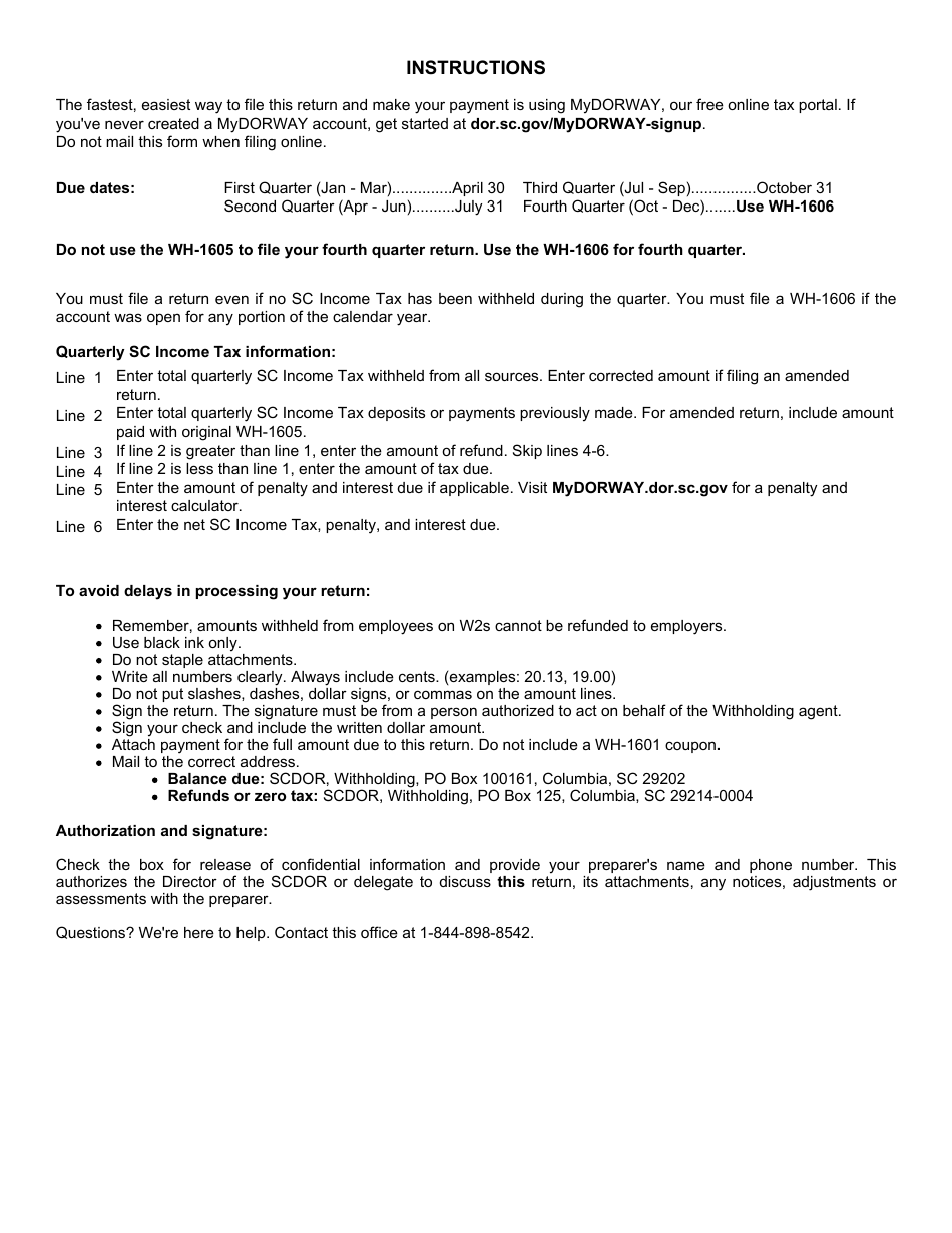 Form WH-1605 Sc Withholding Quarterly Tax Return - South Carolina, Page 2