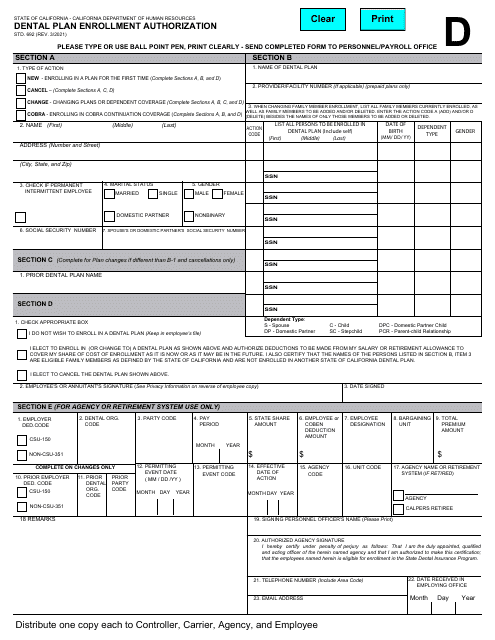 Form STD.692 Dental Plan Enrollment Authorization - California