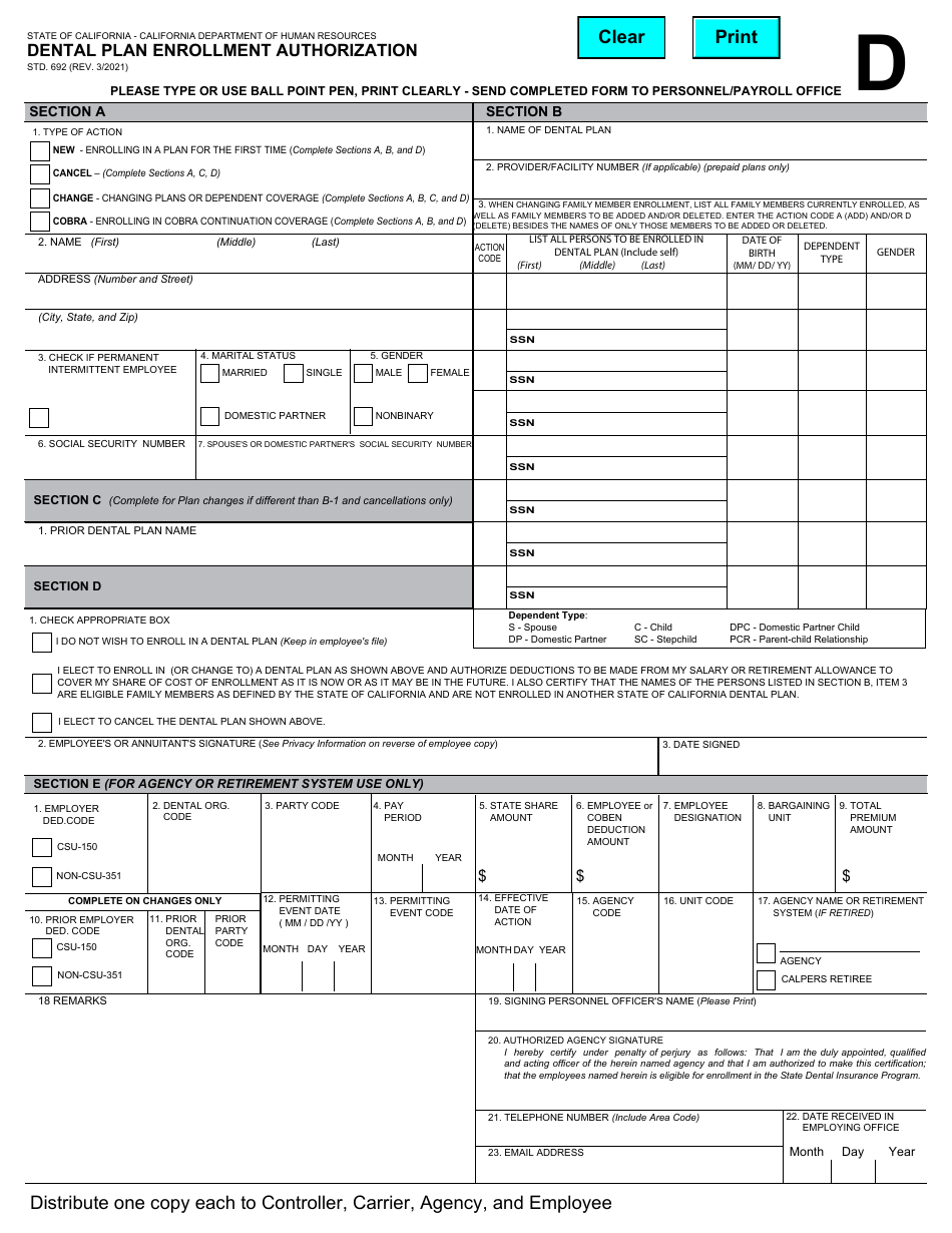 Form STD.692 Dental Plan Enrollment Authorization - California, Page 1